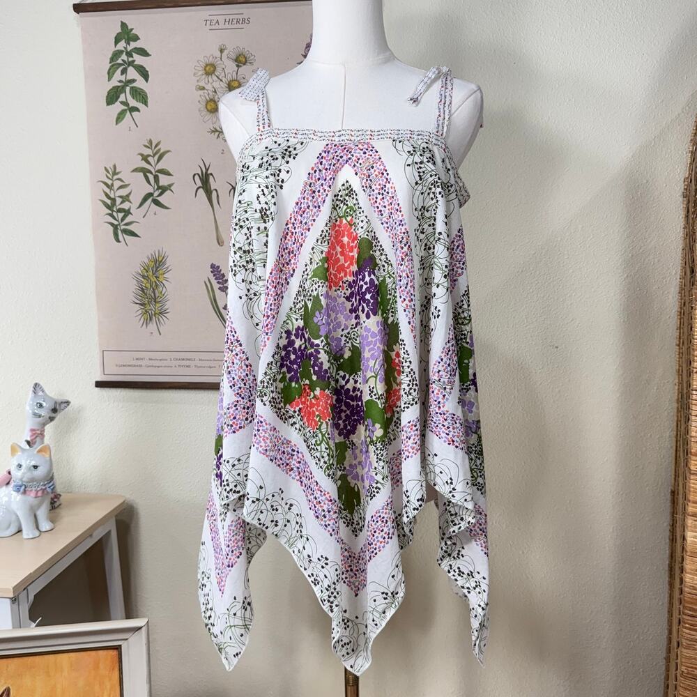 Vintage 70s Floral Handkerchief Tie Strap Top Hippie Forest Whimsy Boho Fairy S